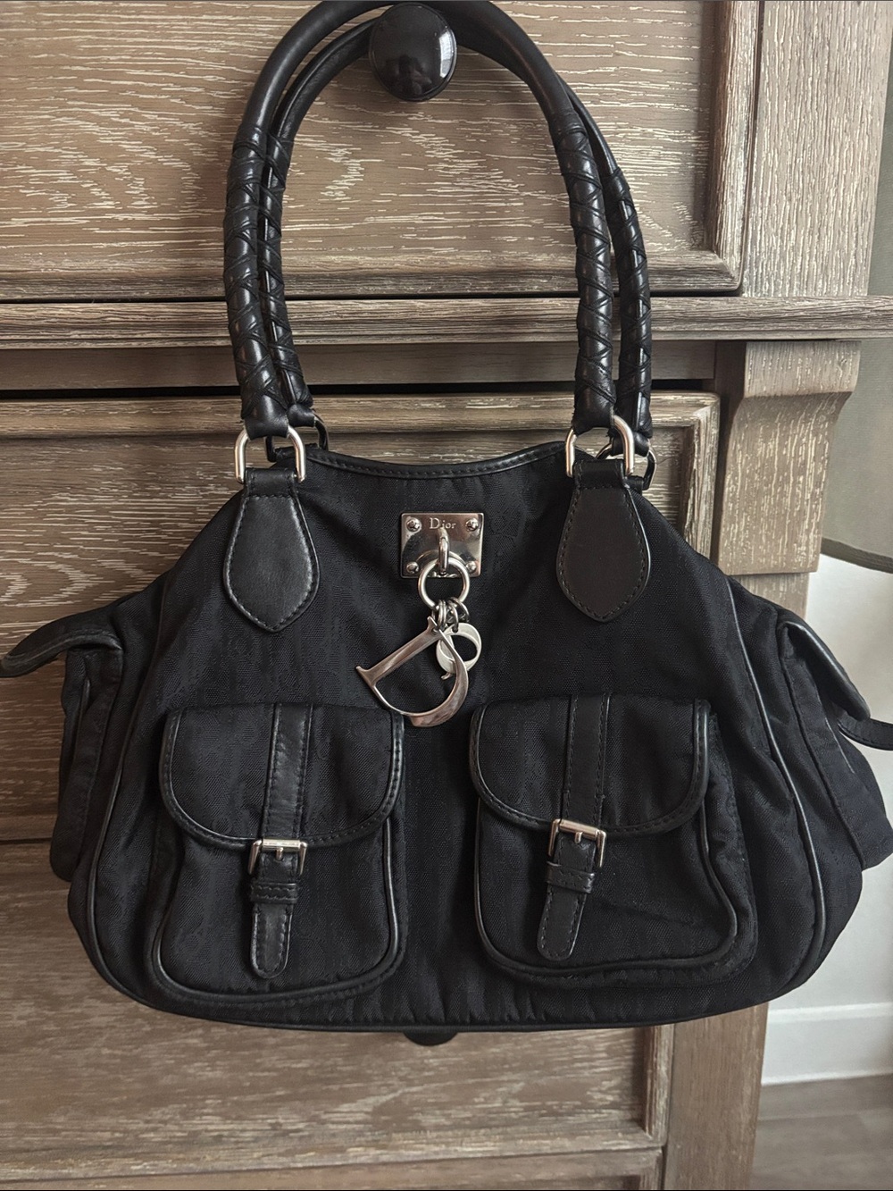 Dior Black Canvas & Leather Shoulder Bag with Dior Charm vintage